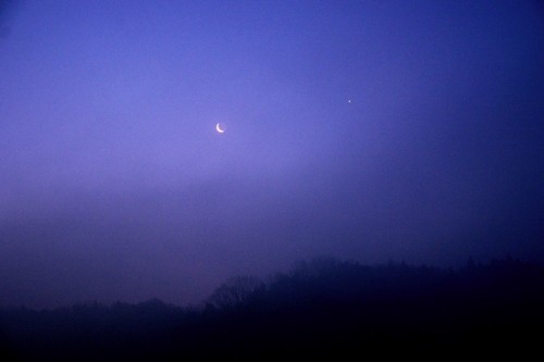 ３月２８日の午前５時３０分に撮影した月と金星の姿です。朝もやの中、幻想的に輝いていました