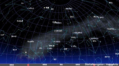 ３月の空ではまだ、冬の星座たちがたくさん見られます。恒星の中で最も明るいおおいぬ座のシリウスはオリオン座の三ツ星に比較的近い位置で、なによりその明るさから必ずみつけることができます。