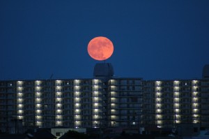 東の空から昇りくる満月