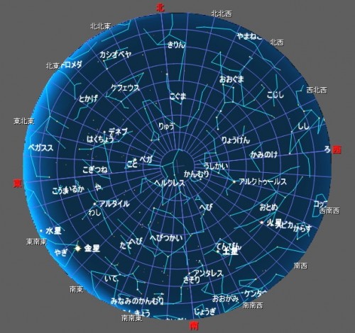 ３月１０日午前５時の星空（全天）です。火星、土星、金星及び水星の位置が確認できます。 この時刻になると木星は既に西の地平線下に沈んでいて見ることができません。