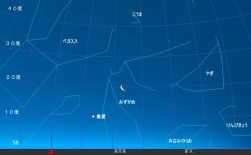 今月は、４月２５日前後の明け方に細い月と金星の輝きを同時に見ることができ、もっとも月と金星が接近するのは４月２６日です。このシミュレーション画像は４月２５日午前５時の東南東の空を見たときの様子です