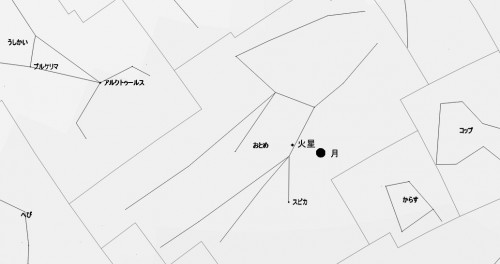 最接近の日（4月14日）の火星の位置は、おとめ座スピカの近くにあり、 その日はたまたま満月直前の明るい月が輝いています