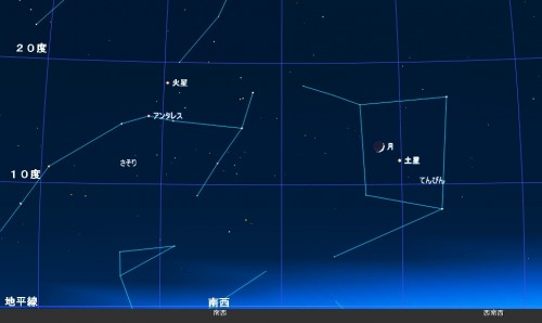 ９月２８日午後６時３０分の土星、月、火星