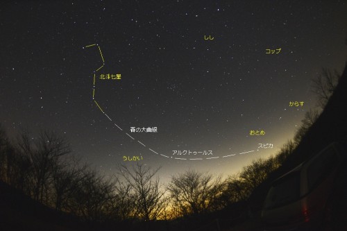 本物の星空で広角レンズを利用して撮影した春の大曲線