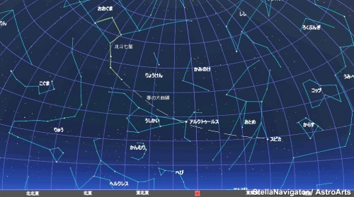 北斗七星をまずみつけ、北斗の柄から曲線を伸ばしてアルクトゥールスとスピカをみつけましょう。うしかい座のそばにはかんむり座を、また、おとめ座付近にはからす座やコップ座もみつけることができます。