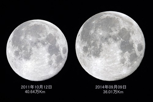 今回の中秋の名月は、スーパームーンと呼ばれますが、これは、地球の周りを公転している月が、楕円軌道を描いており、地球に近いときに満月となる場合と遠い時に満月となる場合で、その見える大きさが異なることから起きる現象で、この写真のようにずいぶんとその大きさに差があることがわかります。(撮影:浦辺守)
