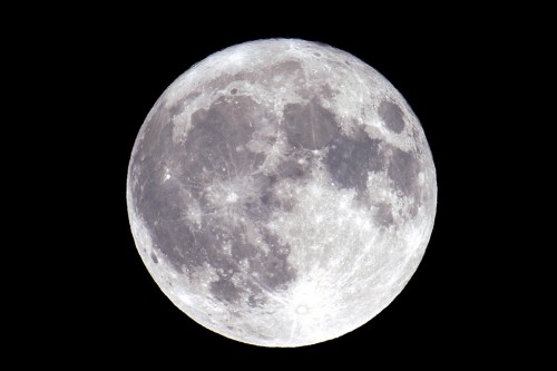 満月を見るととても明るい丸い輝きですが、天体望遠鏡を使って撮影すると海と呼ばれる黒い部分が鮮明に写ります。肉眼でも視力の良い方は太古の昔から黒い模様の部分を見て「うさぎがお餅をついている姿」とか「片方のハサミがとれたかに」などとそのパターンを見ていました。ところで、今回の中秋の名月は欧米では皆既月食となり、月食の月として見ることができますが、日本では残念ながら月食にはなりません。(撮影:浦辺守)
