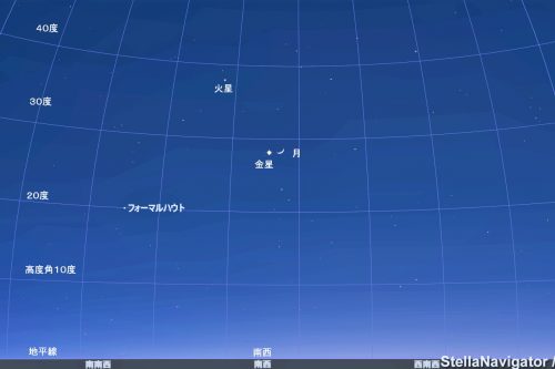 １月２日午後５時３０分のシミュレーションです。 月と金星が接近している様子がわかります。 アストロアーツのステラナビゲータ１０を用いシミュレーションしました。