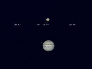 木星の姿、写真上段は、木星とガリレオ衛星。下段 は衛星の影が見られる木星本体。縞模様も見られる （撮影：浦辺守）