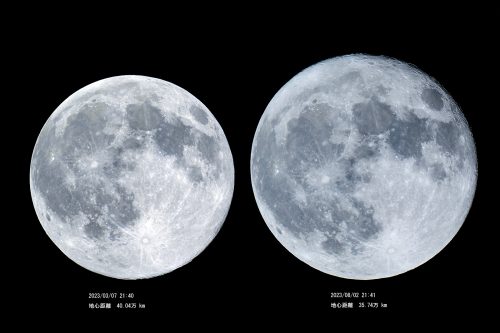 ミニマムムーンとスーパームーンの大きさ比較、右がスーパームーン(撮影:浦辺守)